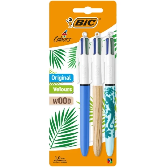 3 stylos-bille 4 couleurs£ Contient un stylo