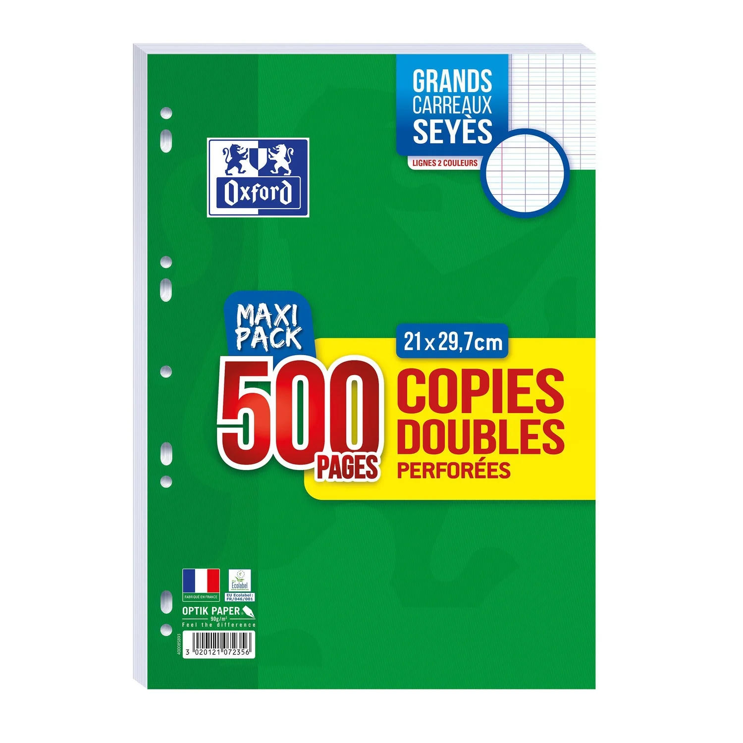 Copies doubles perforées 21 cm x 29,7 cm – 500 feuilles – Grands carreaux OXFORD