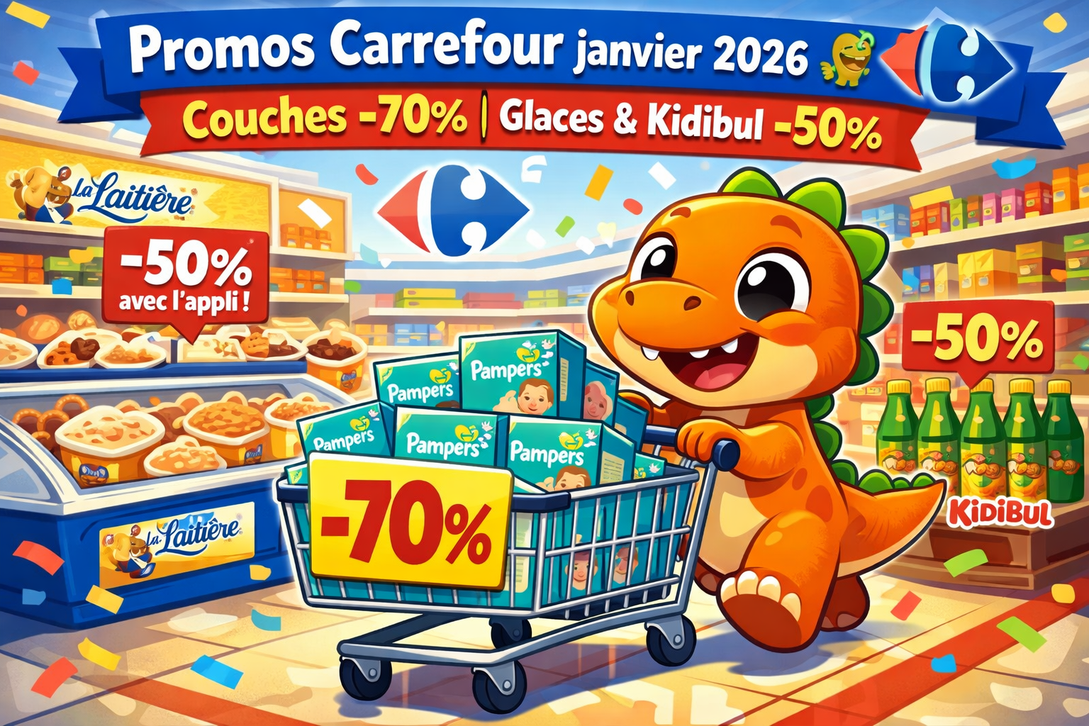 Carrefour janvier 2026 : couches, glaces et Kidibul à prix préhistorique 🦕🔥