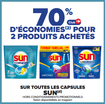 Promo capsules Sun à -70% pour 2 produits achetés chez Carrefour avril 2026