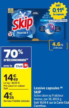 Promo Skip capsules Active Clean par 38 à -70% chez Carrefour avril 2026